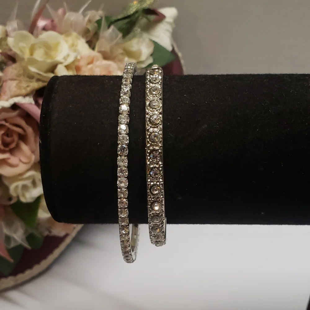 2 Vintage Silver Plated Crystal Bangle Bracelets Silver Crystal Lined Bangles